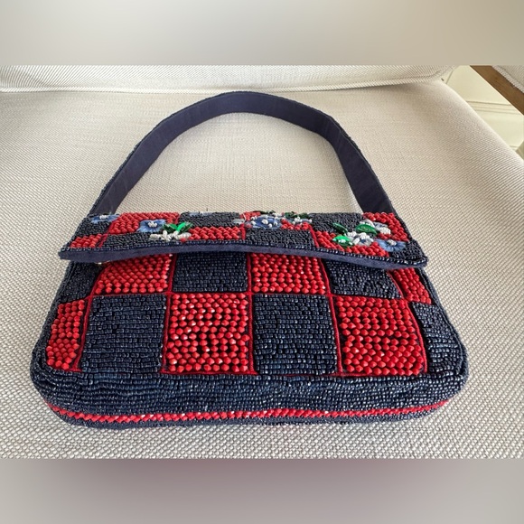 ANTHROPOLOGIE NWT The Fiona Beaded Checkered Floral Shoulder Bag Red Navy - Picture 6 of 8